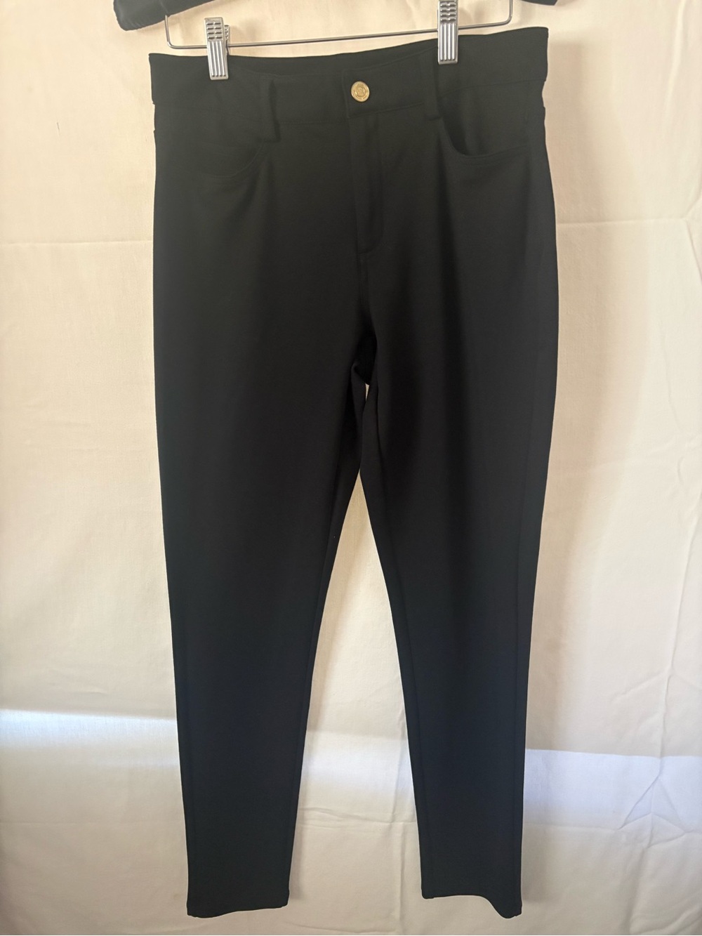 Michael Kors Black Slim Ponte Ankle Pants with Gold Button